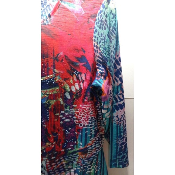 French Blue Blouse Small Colorful Boho Metallic Sheer 3/4 Sleeve Asymmetrical - Picture 5 of 9